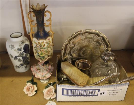 Edwardian silver babys rattle, cut glass toilet bottle (plated top a.f), silver-backed brush & comb, sundry plate etc